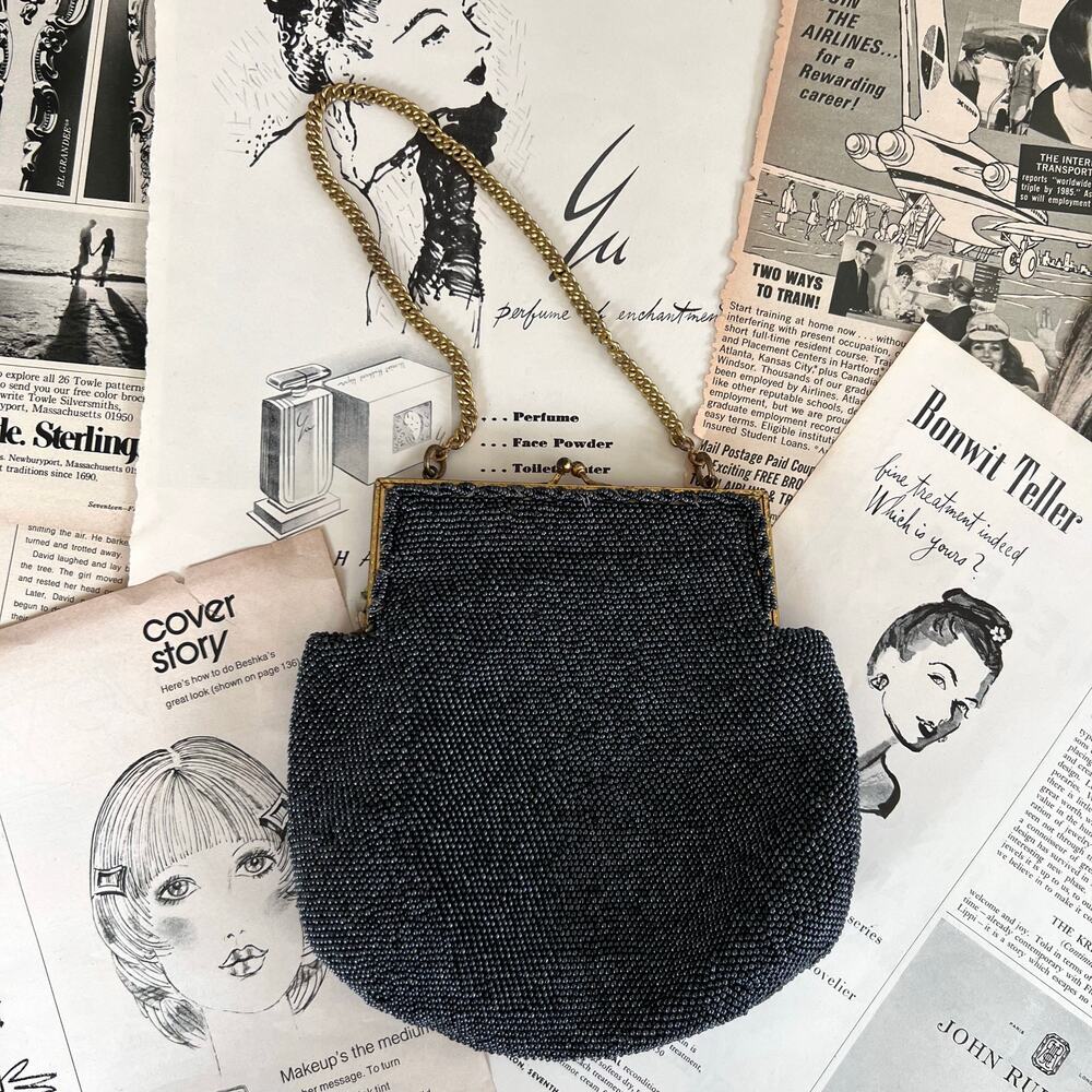 Antique Edwardian 1910s Beaded Evening Bag w/ Brass Frame & Silk Rosette Lining